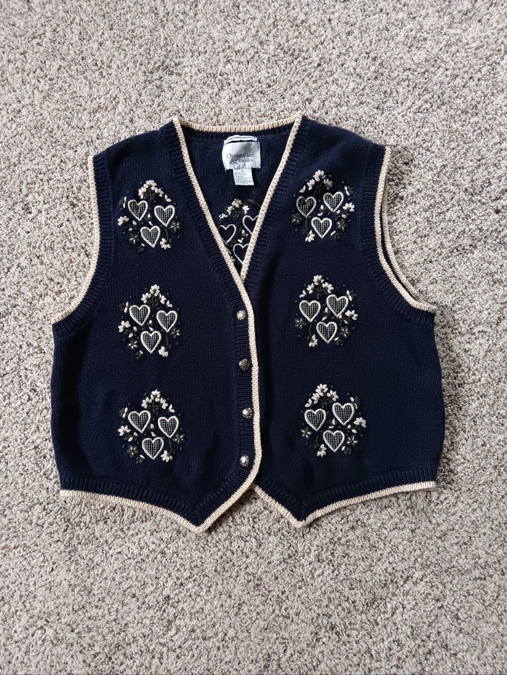 VTG Christopher & Banks Dark Blue Cream Heart Hand Embroidered Sweater Vest M